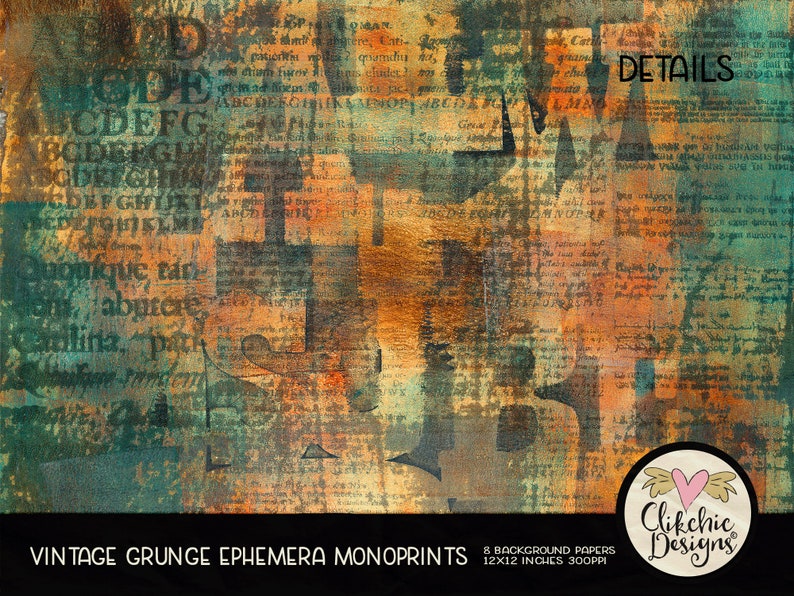 Grunge Digital Paper Pack Vintage Grunge Ephemera Monoprint Painted Digital Scrapbook Paper Pack, Background Textures, Scrapbooking image 3