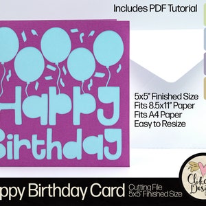 Alles Gute zum Geburtstag Karte SVG Schneidedatei, 5 "Quadrat Unisex Geburtstag Luftballons Karte SVG, Dxf Karte EPS, Gender Neutral Geburtstagskarte & Pdf Tutorial