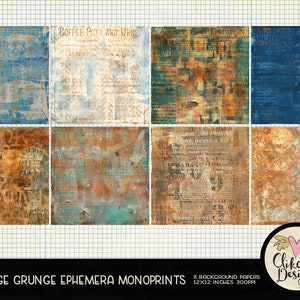 Grunge Digital Paper Pack Vintage Grunge Ephemera Monoprint Painted Digital Scrapbook Paper Pack, Background Textures, Scrapbooking image 2