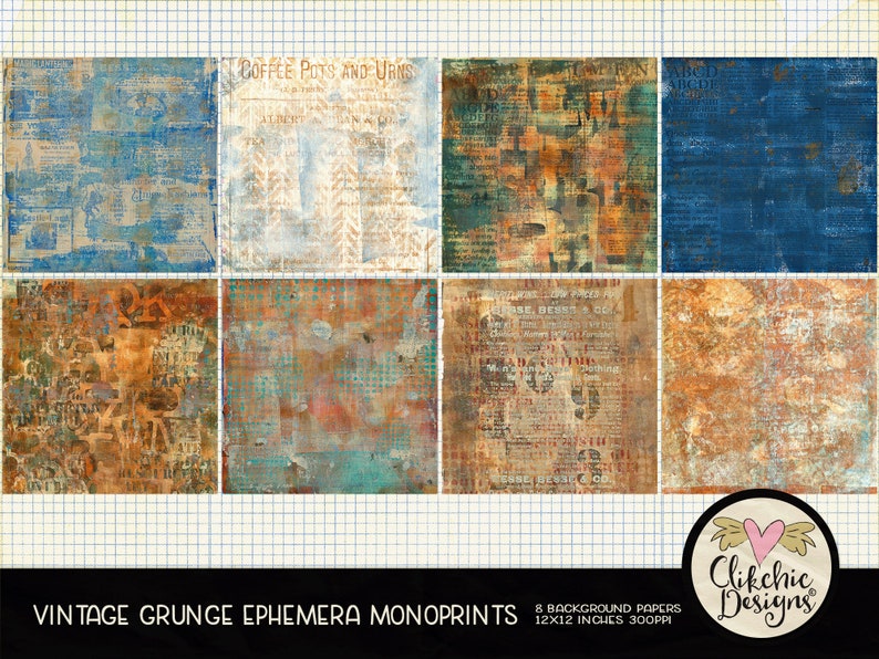 Grunge Digital Paper Pack Vintage Grunge Ephemera Monoprint Painted Digital Scrapbook Paper Pack, Background Textures, Scrapbooking image 2