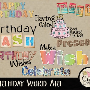 Happy Birthday Word Art Clipart - Happy Birthday Digital Scrapbook Embellishments Clip Art Overlays, Word Art Clip art, Typography Clipart