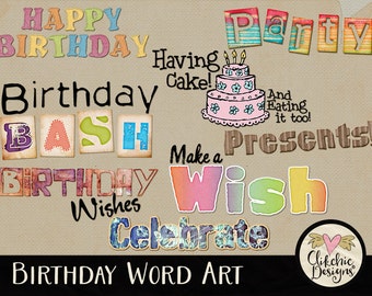 Happy Birthday Word Art Clipart - Happy Birthday Digital Scrapbook Embellishments Clip Art Overlays, Word Art Clip art, Typography Clipart