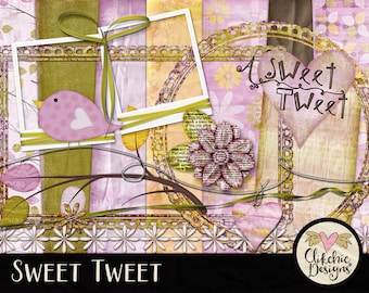 Whimsical Digital Scrapbook Kit Clipart - Chic Lilac Shabby Pink Sweet Tweet Digital Elements & Digital Papers, Digital Scrapbooking Kit