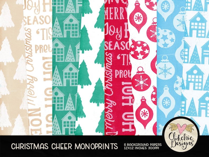 Christmas Digital Paper Pack Christmas Cheer Digital Scrapbooking, Digital Scrapbook Paper Pack Christmas Painted Monoprint Paper Pack image 1