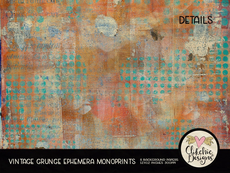 Grunge Digital Paper Pack Vintage Grunge Ephemera Monoprint Painted Digital Scrapbook Paper Pack, Background Textures, Scrapbooking image 4