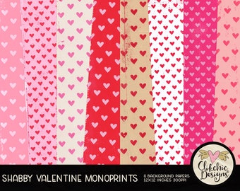 Valentine Hearts Digital Paper Pack - Shabby Monoprint Painted Gradient Digital Scrapbook Paper, Background Textures, Scrapbooking PaperPack