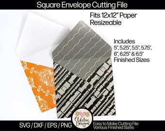 Square Envelope SVG Cutting File, 7 sizes 5-6.5&quot; Square Envelope Template Cut File, PNG Template, DXF Envelope, Cutting Template, 12x12&quot;