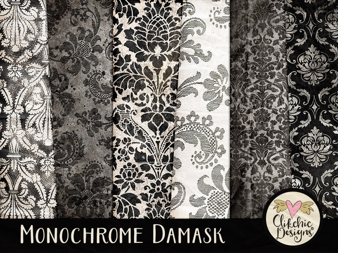 Damask Digital Paper Pack Black & White Digital Scrapbook Paper, Damask