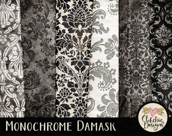 Damask Digital Paper Pack - Black & White Digital Scrapbook Paper, Damask Backgrounds - Monochrome Damask Paper Pack