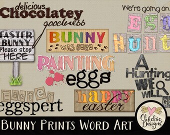 Easter Word Art Clipart - Spring Rabbit Bunny Prints - Easter Digital Scrapbook Clipart Word Art Overlays, Easter WordArt Clip Art,