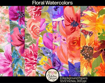 Watercolor Flower Digital Paper: 12x12 Floral Backgrounds (Instant Download)