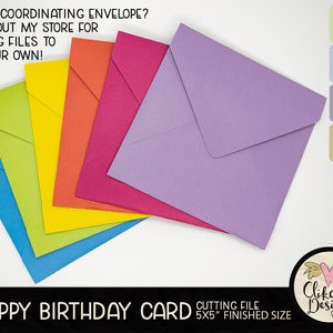 May include: A set of colorful paper envelopes in various shades of blue, green, yellow, orange, pink, and purple. The envelopes are arranged in a stack, with the purple envelope on top. The text "HAPPY BIRTHDAY CARD" is printed in white on a black background at the bottom of the image. The text "CUTTING FILE 5X5" is printed in white on a black background below the card text. The text "FINISHED SIZE" is printed in white on a black background below the cutting file text. The text "SVG, DXF, EPS, PNG" is printed in black on a white background in the upper right corner of the image. The text "Clikchic Designs" is printed in black on a white background in the lower right corner of the image.