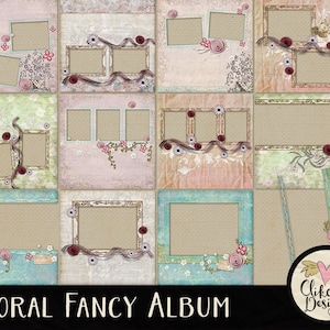 Floral Digital Scrapbook Album Floral Fancy Shabby Quick Page Album, 12 Floral Chic Pre-Made Digital Scrapbook Layout Pages, Digital Album image 1