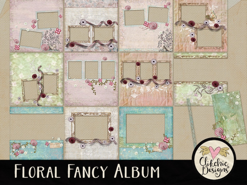 Floral Digital Scrapbook Album Floral Fancy Shabby Quick Page Album, 12 Floral Chic Pre-Made Digital Scrapbook Layout Pages, Digital Album image 1