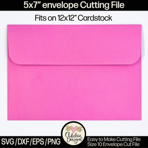 May include: A pink 5x7 inch envelope cutting file for a size 10 envelope. The file is designed to fit on a 12x12 inch cardstock. The text "SVG/DXF/EPS/PNG" is at the bottom of the image.