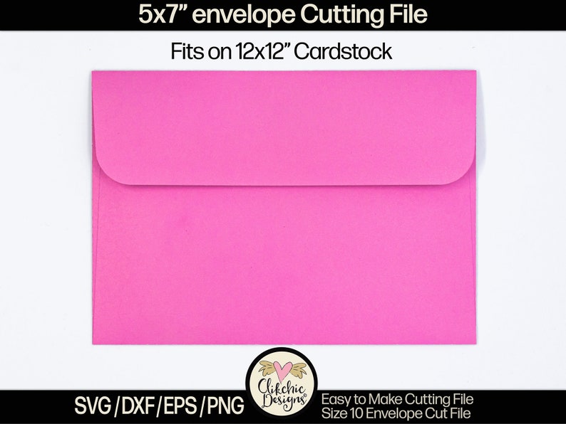 May include: A pink 5x7 inch envelope cutting file for a size 10 envelope. The file is designed to fit on a 12x12 inch cardstock. The text "SVG/DXF/EPS/PNG" is at the bottom of the image.