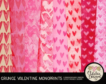 Valentine Hearts Digital Paper Pack - Shabby Monoprint Painted Gradient Digital Scrapbook Paper, Background Textures, Scrapbooking Paper