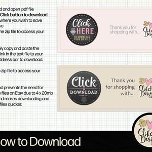 May include: A black and white graphic with instructions on how to download a digital file. The text says "Click Here to Download Your Zip File" and "Click Download Your File". The graphic also includes the text "Thank you for shopping with... Clikchic Designs".
