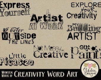 Artisanat Word Art Clip Art, album numérique créatif Word Art titres Clipart - superpositions de typographie créativité - artiste Word Art Clip Art