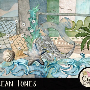 Beach Digital Scrapbooking Kit - Ocean Tones Clipart Kit - Swimming Beach, Sand & Summer Digital Scrapbook Clip Art Kit, Beach Digital Kit