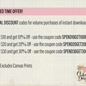 May include: A pink and white graphic with the text "LIMITED TIME OFFER!" and "SPECIAL DISCOUNT codes for volume purchases of instant downloads". The graphic lists three discount codes: "SPEND10GET100FF", "SPEND20GET200FF", and "SPEND30GET300FF". The graphic also includes the text "Note: Excludes Canvas Prints" and a logo for "Clikchic Designs".