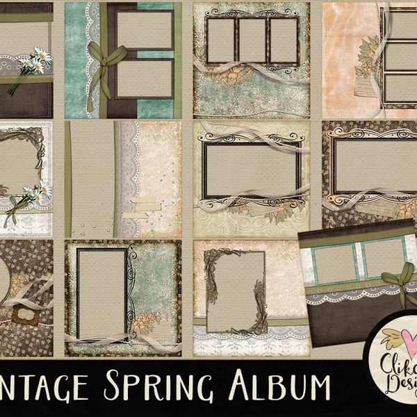 Vintage Digitales Scrapbook Album - Vintage Spring Quick Page Album - 12 vorgefertigte Vintage Style Scrapbook Seiten, vorgefertigtes digitales Album