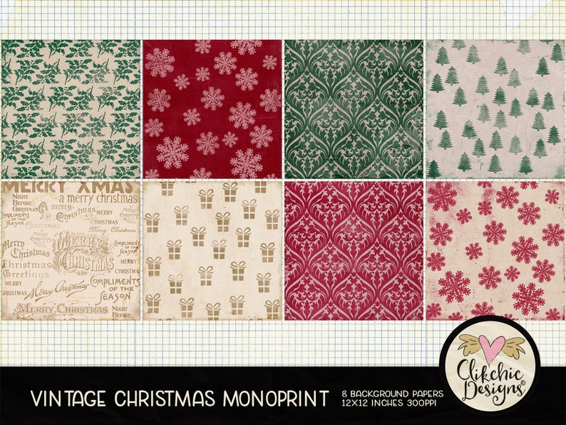 Pack de papier numérique de Noël scrapbooking numérique de Noël vintage, pack de papier de scrapbooking numérique Pack de papier monoprint peint de Noël image 2