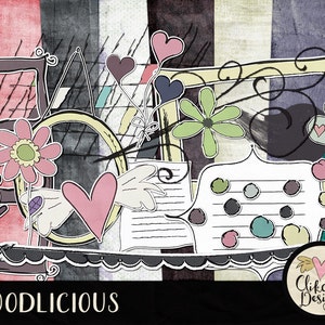 May include: A digital collage featuring a variety of whimsical elements, including hearts, flowers, butterflies, and frames. The collage is set against a background of textured paper and has the text "Doodlicious" at the bottom.