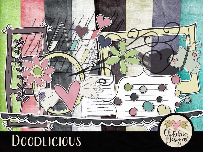 May include: A digital collage featuring a variety of whimsical elements, including hearts, flowers, butterflies, and frames. The collage is set against a background of textured paper and has the text "Doodlicious" at the bottom.
