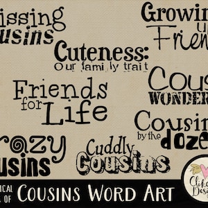 Cousins Word Art Clipart, Digital Scrapbook Word Art Clip Art y superposiciones de tipografía para hacer tarjetas - Cousins ClipArt Word Art Overlays