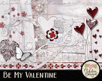 Valentine Digital Scrapbook Kit: Shabby Chic Hearts & Flowers (Digital Download)