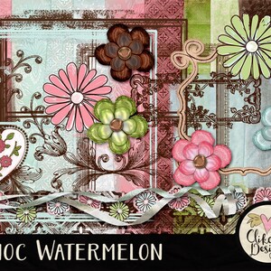 May include: A digital collage featuring a variety of floral elements, including pink, green, and blue flowers. The background is a mix of brown, pink, and blue colors with a vintage feel. The text "CHOC WATERMELON" is at the bottom of the image.