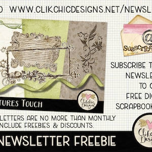 May include: A digital scrapbook kit is being offered as a freebie for subscribing to a newsletter. The image features a vintage-style design with a green and brown color scheme. The text "Natures Touch" and "NEWSLETTER FREEBIE" are visible. The text "SUBSCRIBE TO MY NEWSLETTER TO GET A FREE DIGITAL SCRAPBOOK KIT." is also visible.