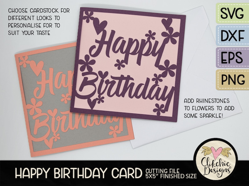 May include: Happy Birthday card cutting file with a pink and purple color scheme. The card features a floral design with the words "Happy Birthday" in a script font. The card is 5x5 inches.