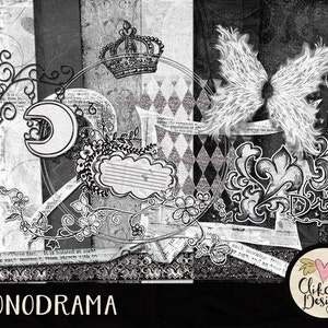Monochrome Digital Scrapbook Kit Clip Art - Monodrama Digital Kit, Black and White Digital Papers & Elements