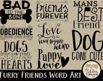 Dog Word Art Clipart for Digital Scrapbooking & Card Making - Furry Friends Dog Typography Overlays Wordart. Pet Word Art Clip Art,