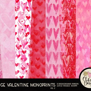 Valentine Hearts Digital Paper Pack - Shabby Monoprint Painted Gradient Digital Scrapbook Paper, Background Textures, Scrapbooking Paper