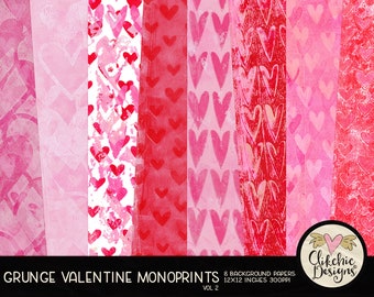 Valentine Hearts Digital Paper Pack - Shabby Monoprint Painted Gradient Digital Scrapbook Paper, Background Textures, Scrapbooking Paper