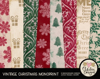 Christmas Digital Paper Pack - Vintage Christmas Digital Scrapbooking, Digital Scrapbook Paper Pack - Christmas Painted Monoprint Paper Pack