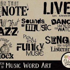 Music Word Art Clipart,  Digital Scrapbook Word Art Clip Art & Card Making - Musical Typography Overlays, Musical Word Art Clip Art