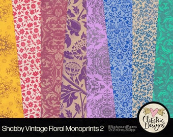 Vintage Floral Monoprint Paper Pack: Shabby Chic Textures (Digital Download)