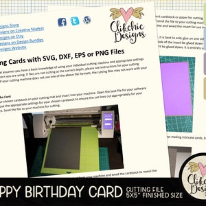 May include: A digital download of a Happy Birthday card cutting file in SVG, DXF, EPS, and PNG formats. The card is 5x5 inches when finished. The image shows a purple cardstock insert on a green cutting mat.