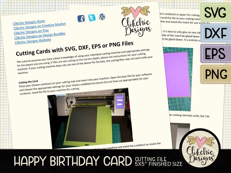 May include: A digital download of a Happy Birthday card cutting file in SVG, DXF, EPS, and PNG formats. The card is 5x5 inches when finished. The image shows a purple cardstock insert on a green cutting mat.