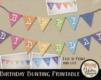 Printable Birthday Bunting - Printable Birthday Banner, Printable Party Decoration - Pastel Printable Bunting, Happy Birthday Banner