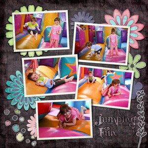 May include: A collage of photos showing children playing on a large inflatable bounce house with a colorful design. The photos are arranged in a grid pattern with a title at the bottom that reads "Jumping Fun".