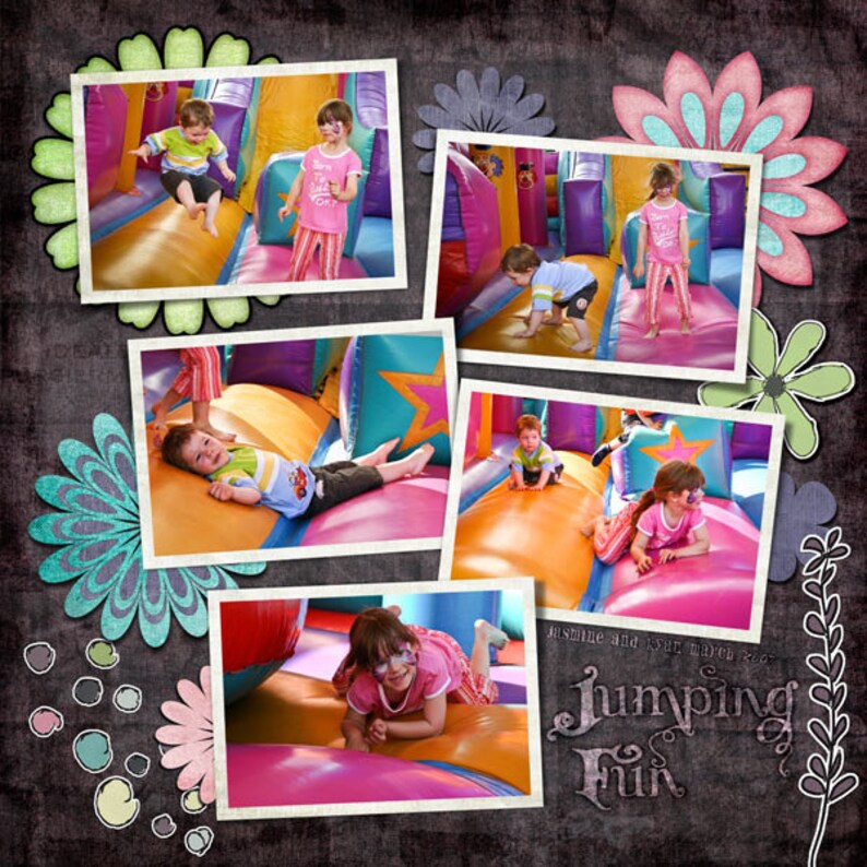 May include: A collage of photos showing children playing on a large inflatable bounce house with a colorful design. The photos are arranged in a grid pattern with a title at the bottom that reads "Jumping Fun".