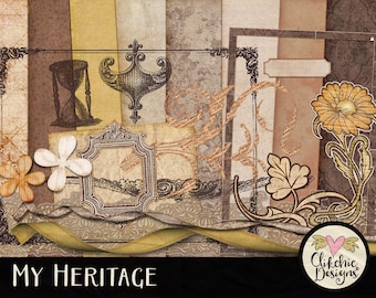 Vintage Genealogy Digital Scrapbook Kit: Heritage Papers, Frames (Digital Download)