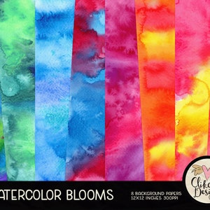 Watercolor Digital Paper Pack - Watercolor Rainbow Blooms Digital Scrapbook Paper, Background Textures, Scrapbooking Paper Pack