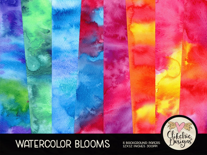 Watercolor Digital Paper Pack Watercolor Rainbow Blooms Digital Scrapbook Paper, Background Textures, Scrapbooking Paper Pack image 1