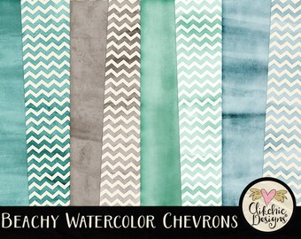 &quot;Aquarell Digital Paper Pack - Chevron Beachy Aquarell Digitales Scrapbook Papier - &quot;&quot;Chervron&quot;&quot; Thementexturen, Aquarellpapier Pack.&quot;